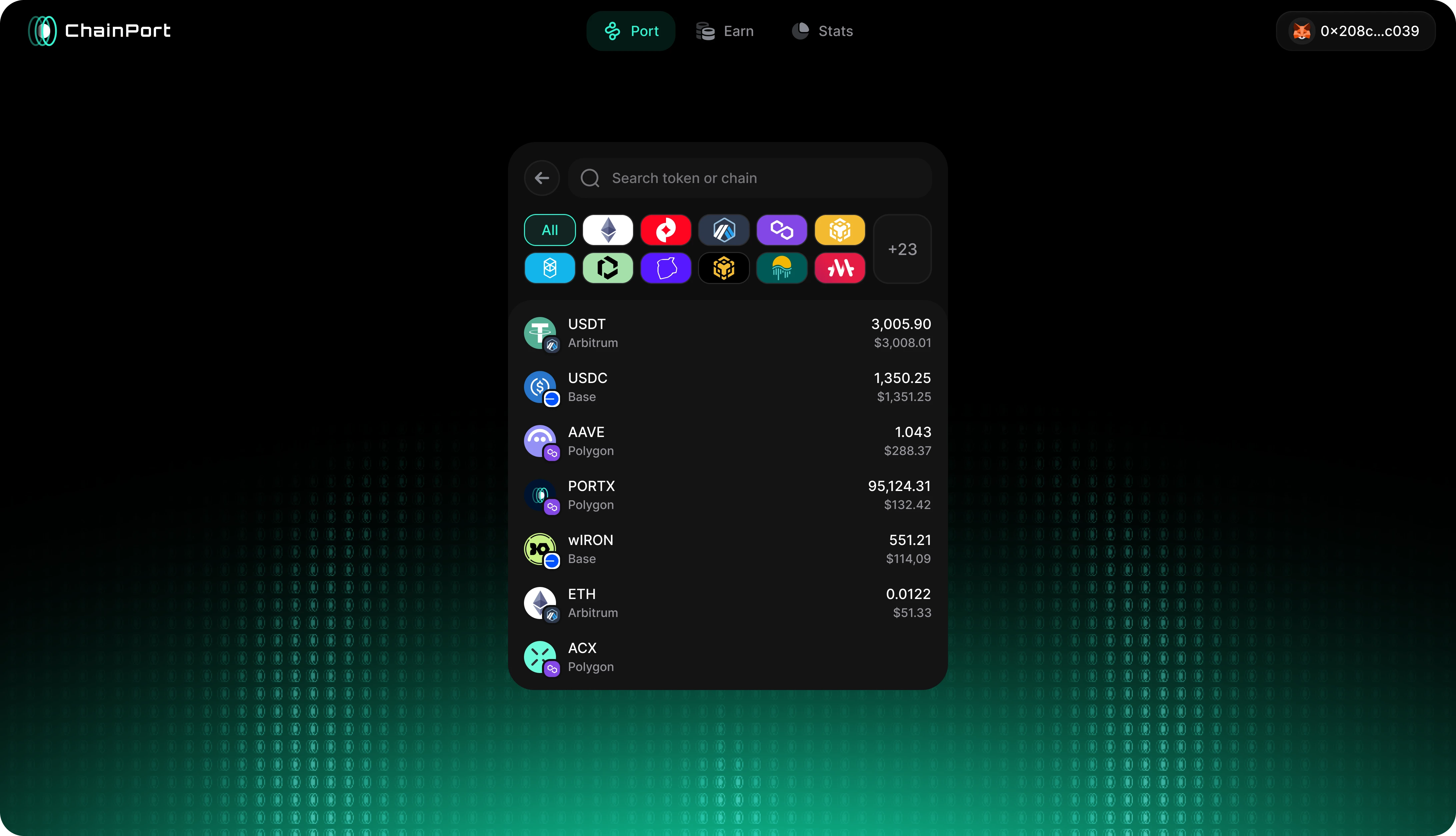 First ChainPort token picker iteration with unlabeled chain icons