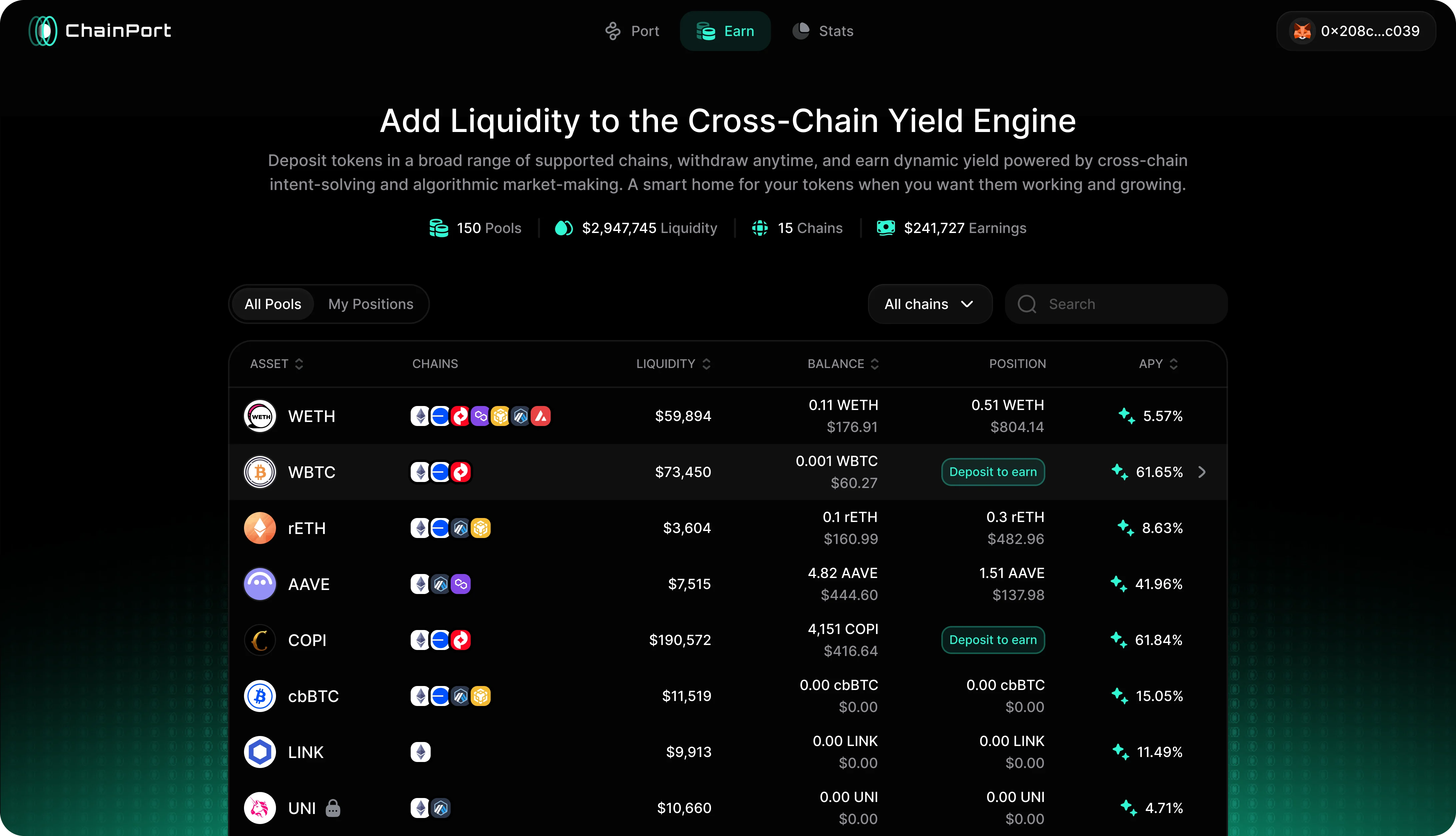ChainPort liquidity pools table with positions and earnings