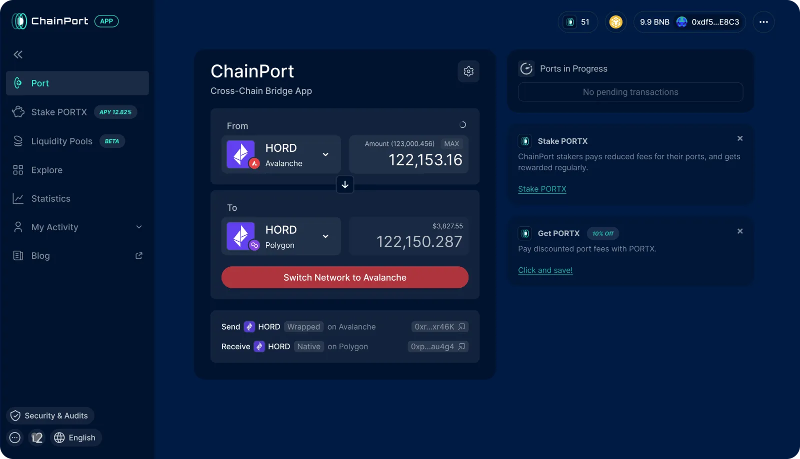 The old porting flow. A permanent sidebar, a promo panel, duplicated token details, and progress information, all on one screen.