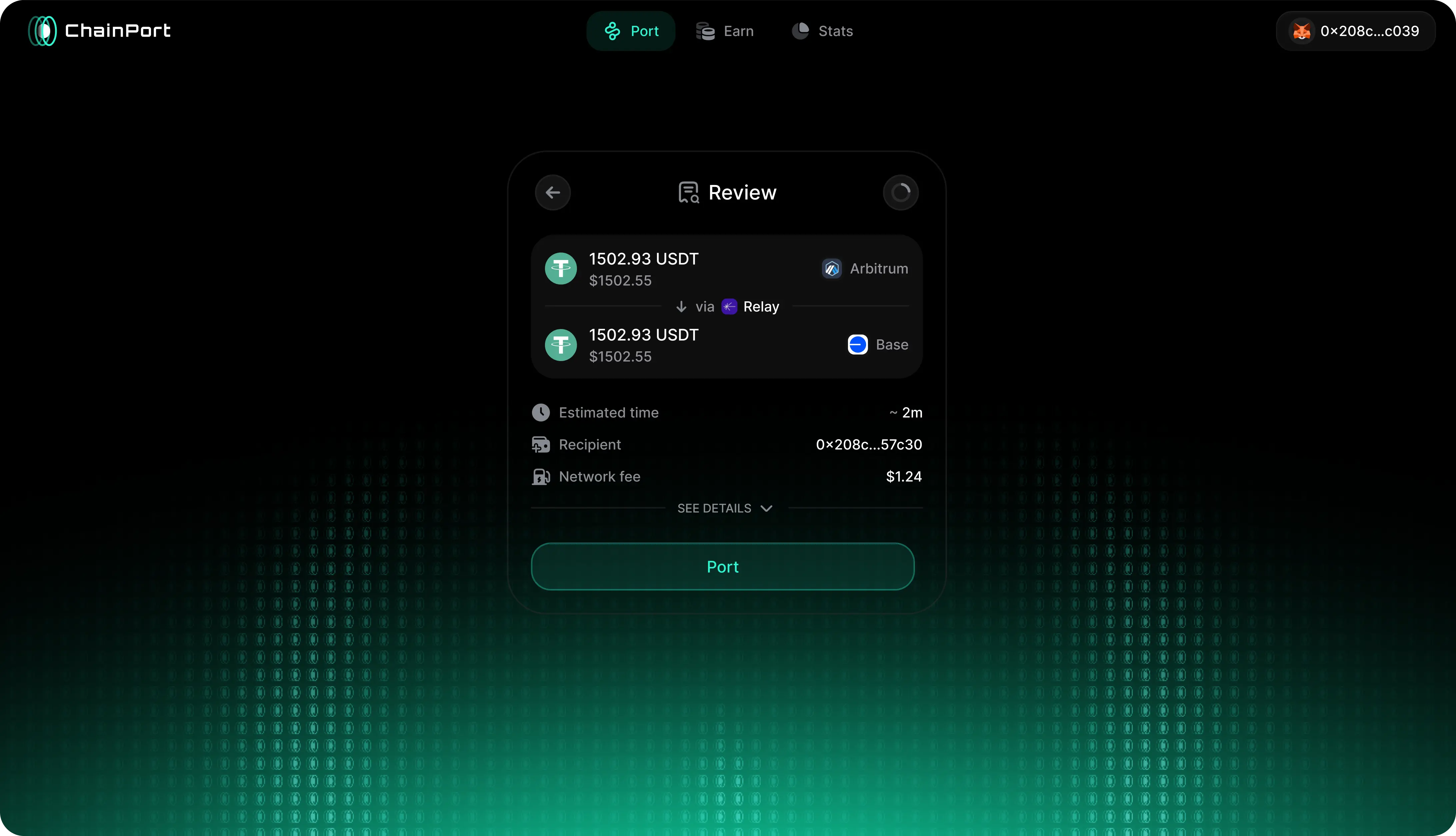 ChainPort review step showing received amount, time, recipient, and route details